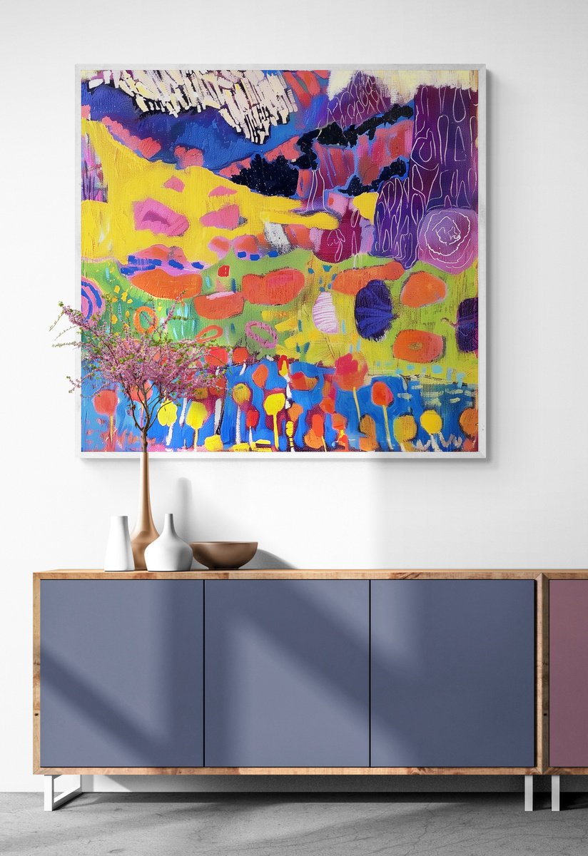 Abstract Acrylic Painting By V+V Kniazievi, 43 X 43", Colorful Day #1, Original Artwork