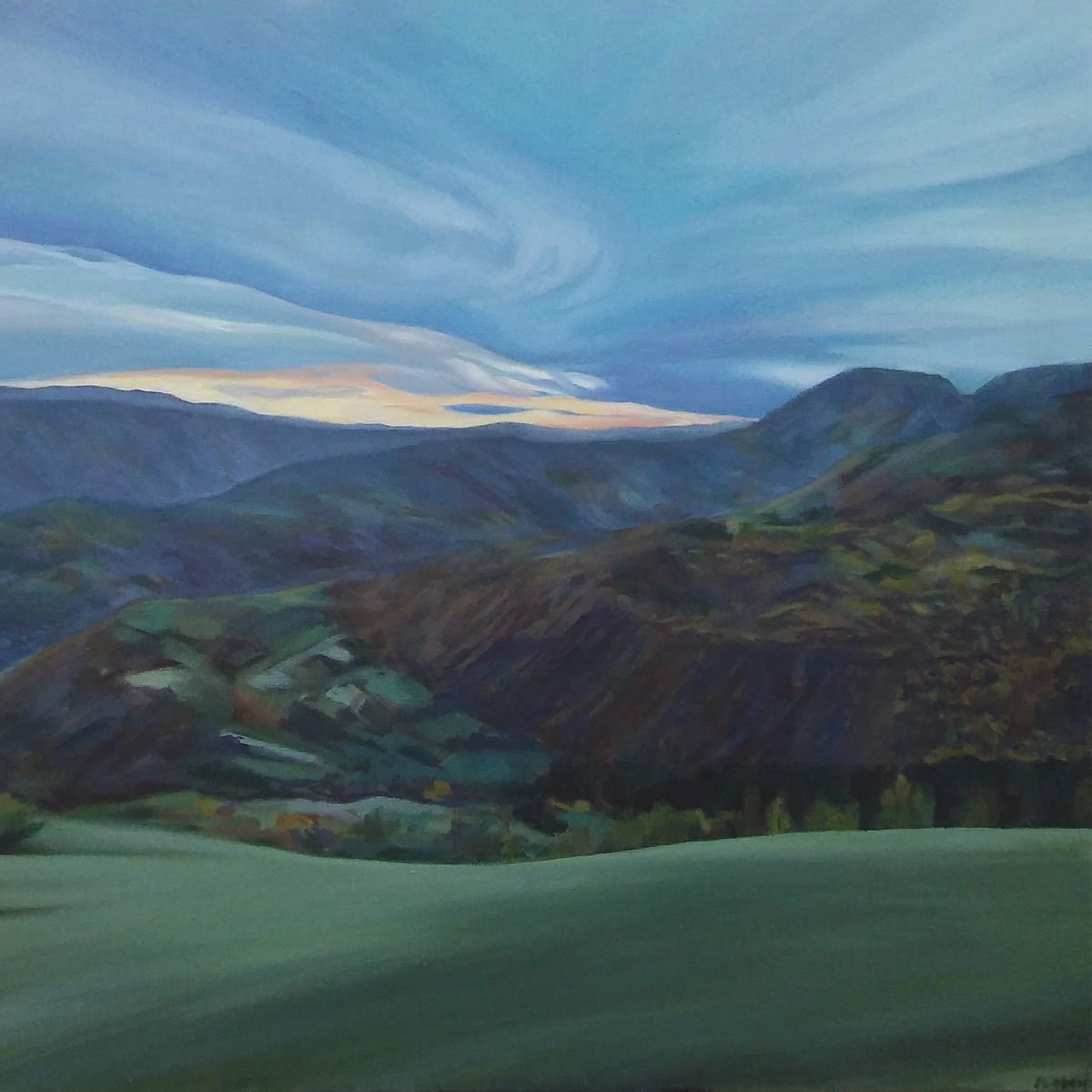 Sunset mountain landscape oil painting by Jelena Milojevic