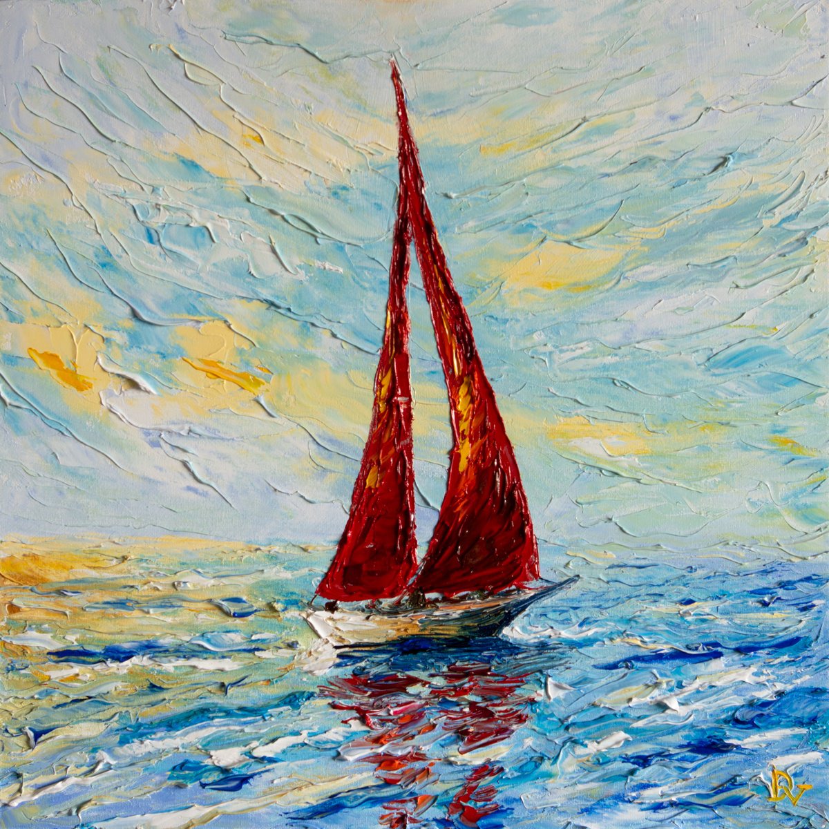 Impressionistic Landscape Oil Painting By Vladyslav Durniev, 16 X 16", Scarlet Sails Of Dawn, Original Artwork