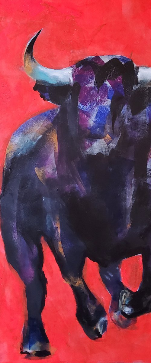 Red background bull by Marina Del Pozo