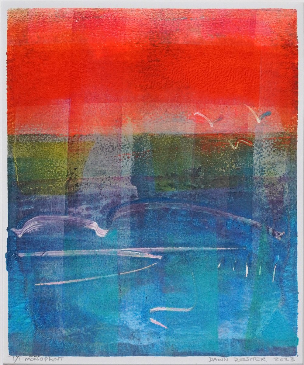 Birds in a Red Sky - Mounted and Backed 40cm (16) x 30 cm (12) Original Signed Monotype by Dawn Rossiter
