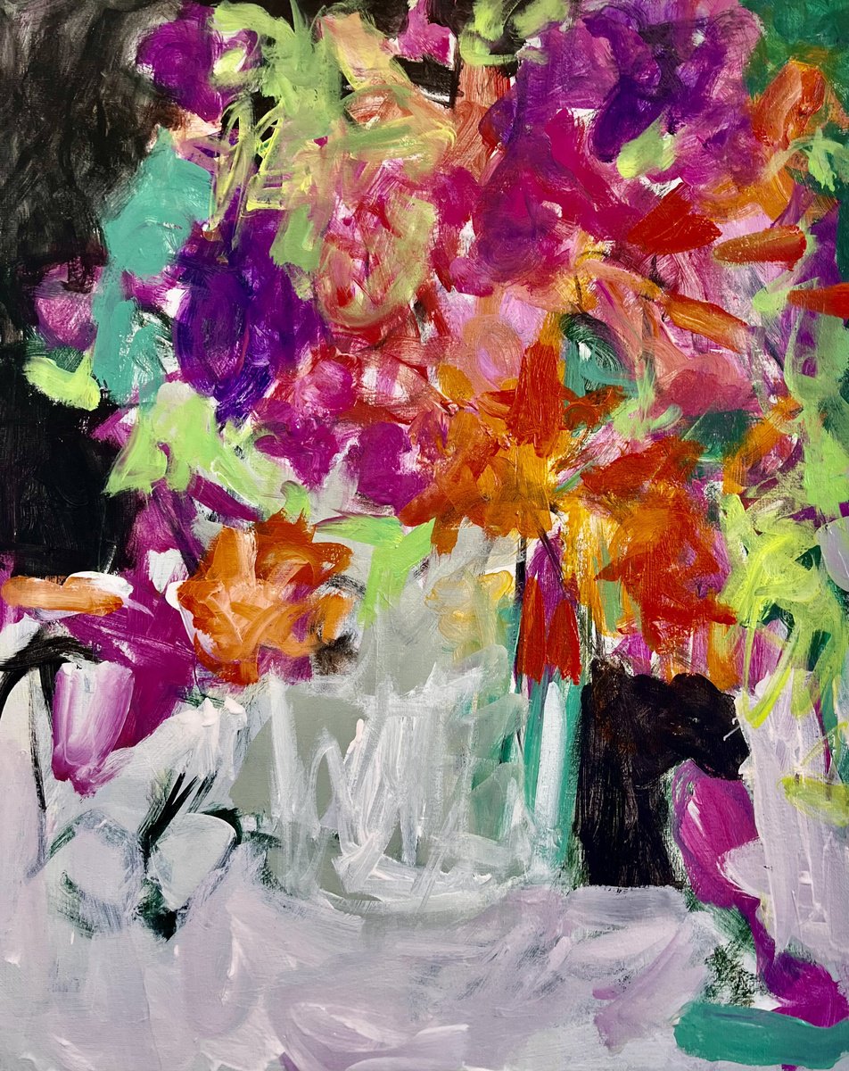 Impressionistic Botanical Acrylic Painting By Marilyn Fox, 16 X 20", Valentine Bouquet, Original Artwork