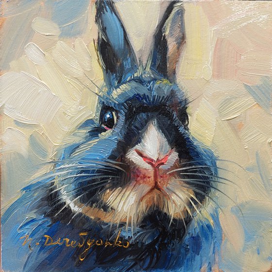 Cute rabbit painting original oil art 10x10 cm, Blue Bunny illustration nursery wall art