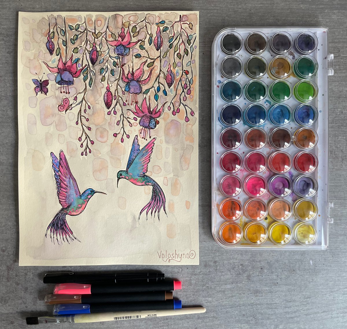 Birds under the flowers by Mary Voloshyna