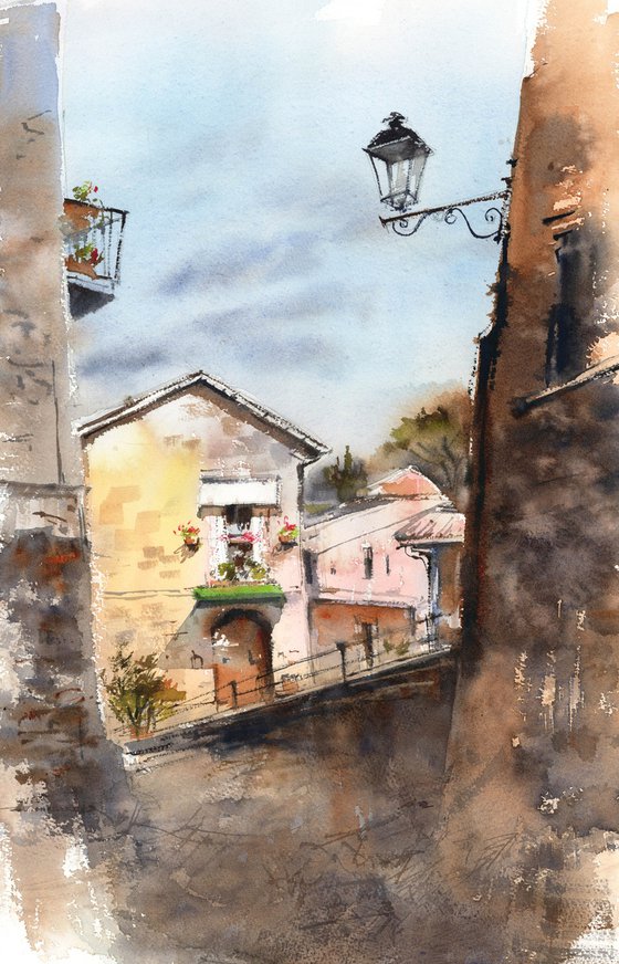 Old Architecture in Italy Scene Watercolor Painting