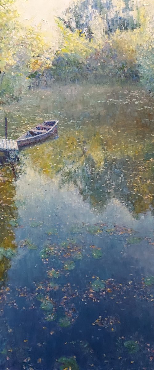 Autumn pond with boat. Time after sunrise by Ekaterina Orlova
