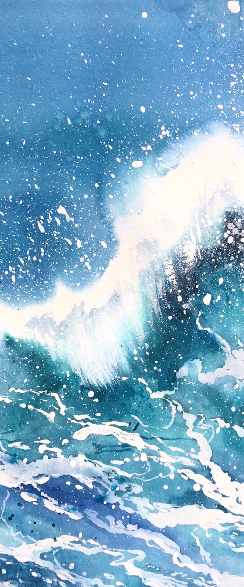 Sea wave with splashes and drops. Original watercolor artwork. by Evgeniya Mokeeva