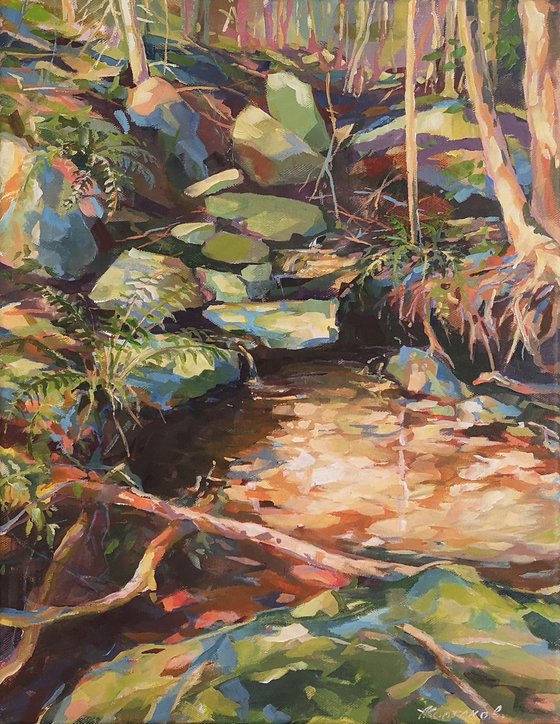 Sunny stream, original, one of a kind, acrylic on canvas impressionistic style painting  (14x18'')