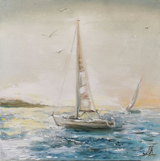 Ocean oil art, Yacht painting