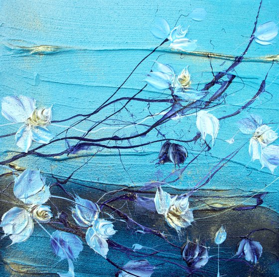 “Blue-Golden Rose Reverie II” small textured floral art