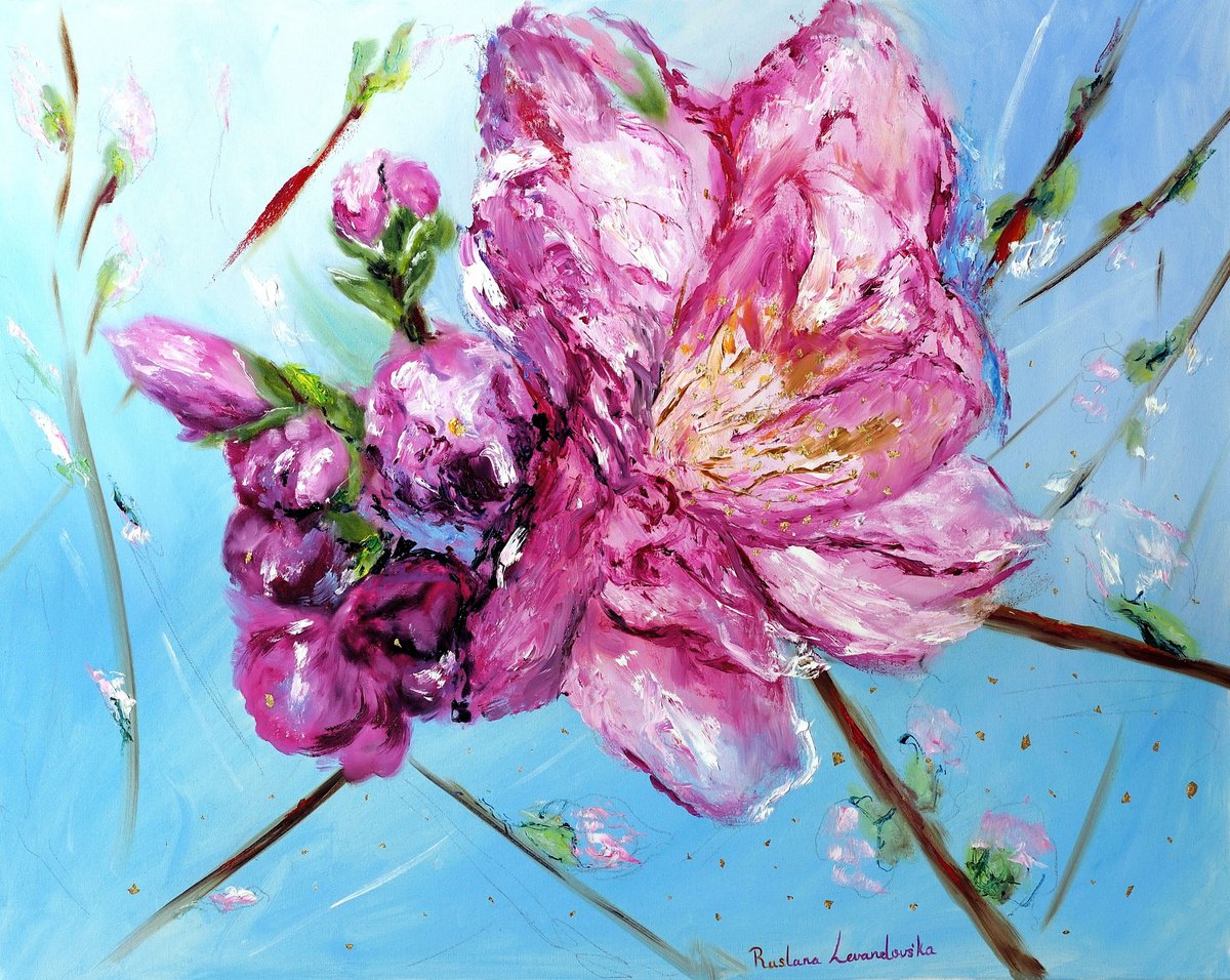 Impressionistic Botanical Oil Painting By Ruslana Levandovska, 30 X 24", Pink Cherry Blossoms - With Gold Embelishment, Artfinder