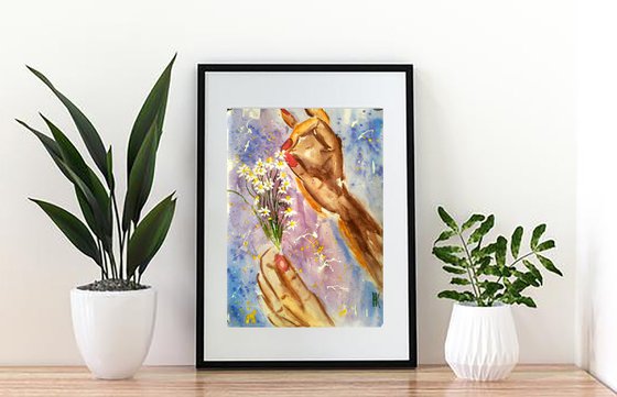 Daisy Painting Floral Original Art Hands Small Watercolor Camomile Artwork Flowers Home Wall Art 8 by 12" by Halyna Kirichenko