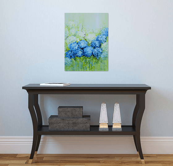 White and Blue Hydrangeas. Abstract Floral Garden Acrylic Original Painting on Canvas. (51x41cm) Modern Art