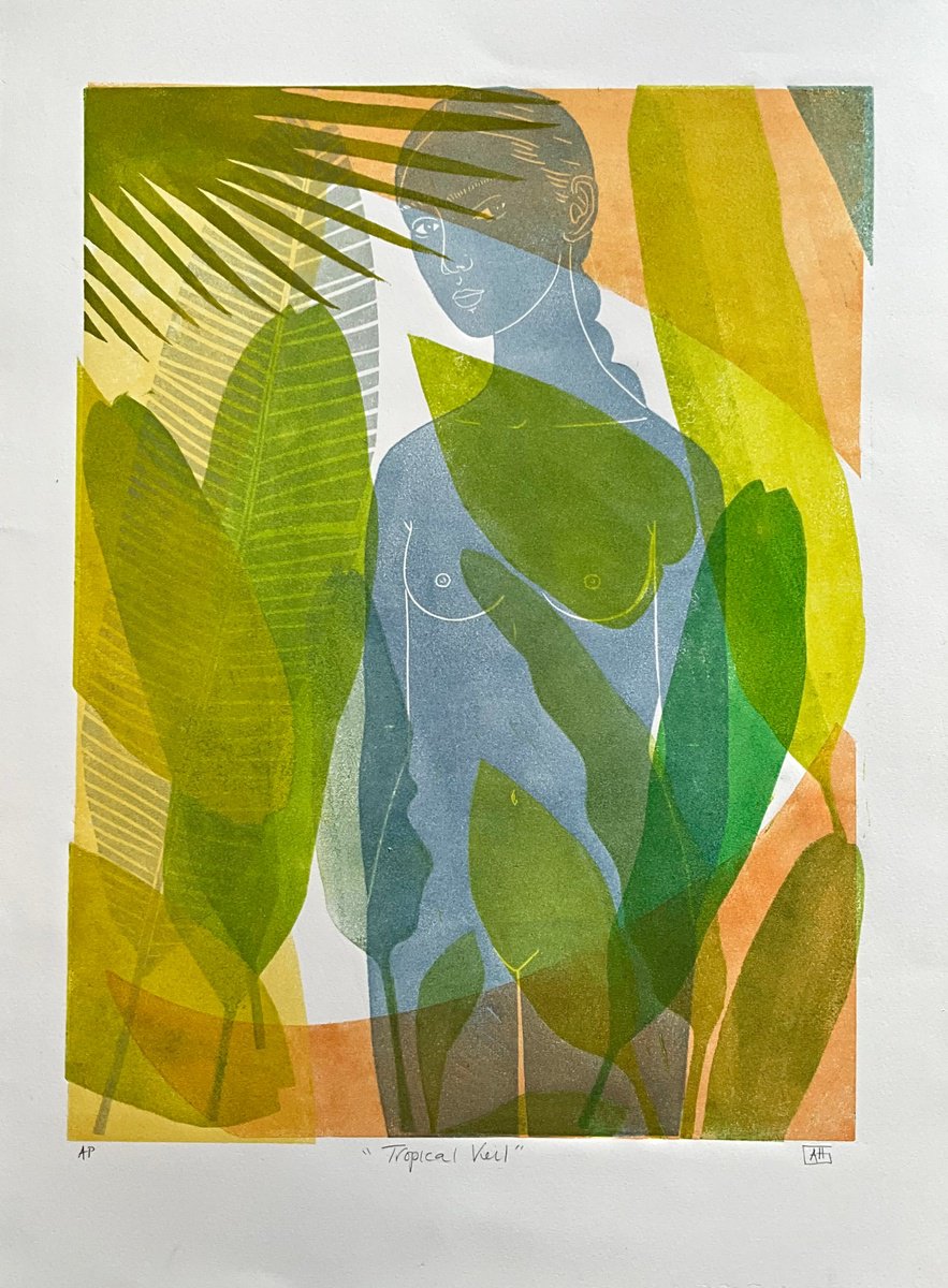 Organic Portrait Linocut By Alison Headley, 15 X 23, Tropical Veil (Iv), Original Artwork