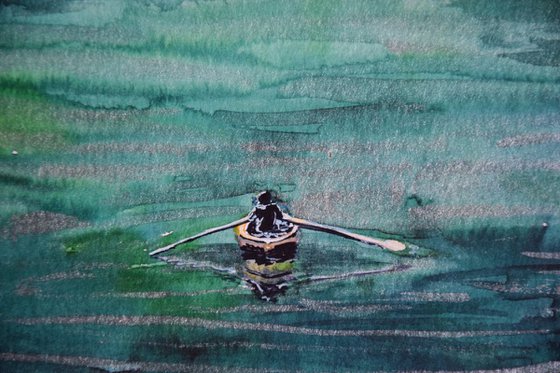 Green mountains lake with boat Watercolor painting