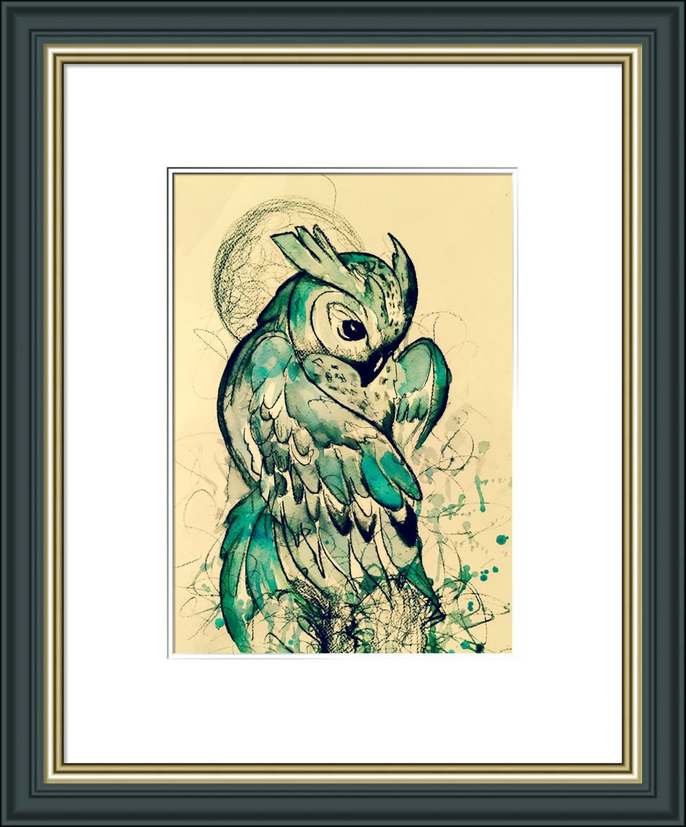 Illustrative Animal Painting By Shabs Beigh, 14 X 18", Teal ???? Owl, Original Artwork