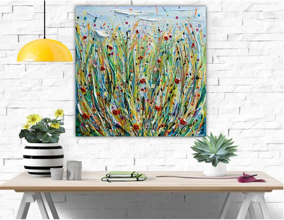 Poppy Meadow - Wildflower field Painting, Textured Wall Art