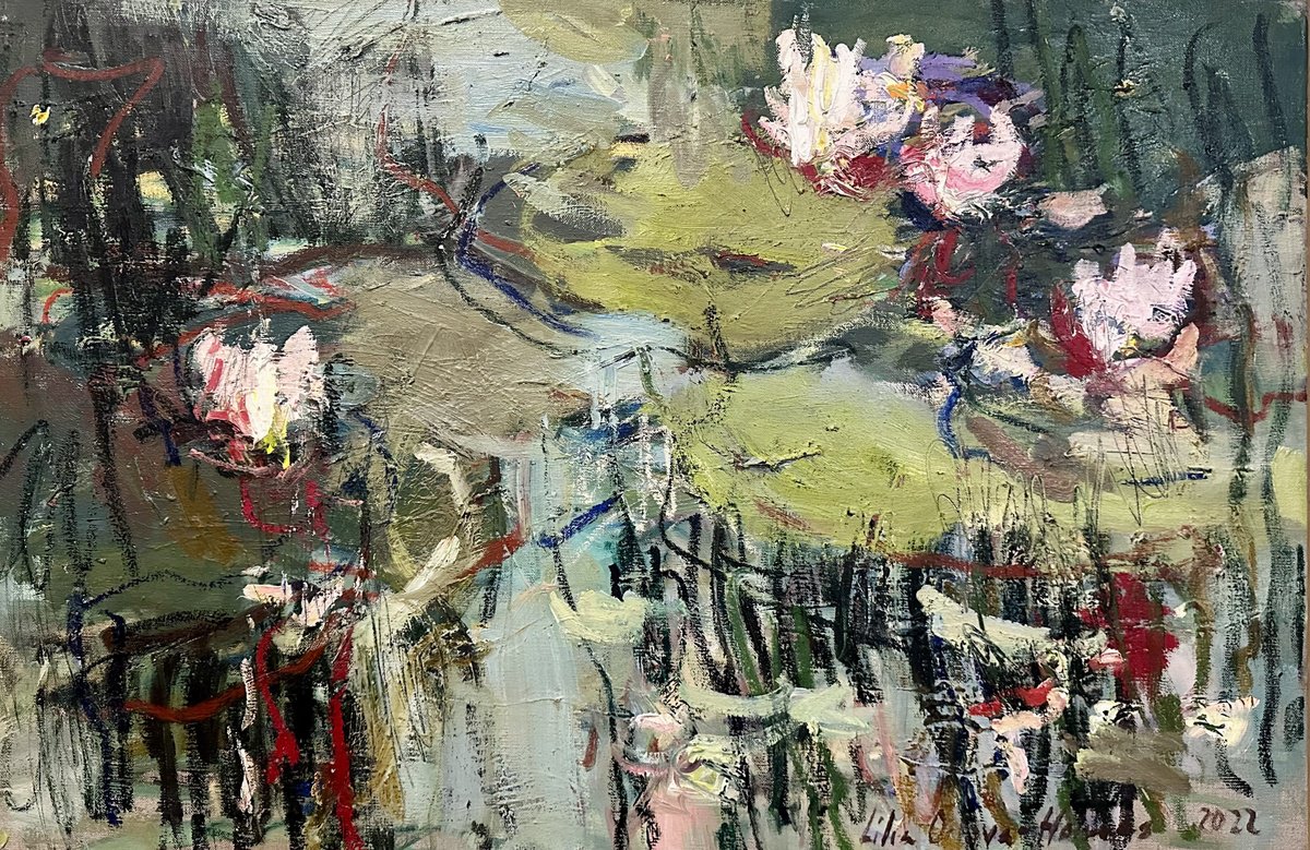 Expressive Botanical Oil Painting By Lilia Orlova-Holmes, 30 X 20", Water Lilies. Small Pond., Original Artwork
