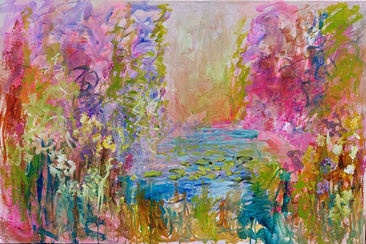 Impressionistic Botanical Acrylic Painting By Els Driesen, 43 X 30, Je Jardin De Monet, Original Artwork