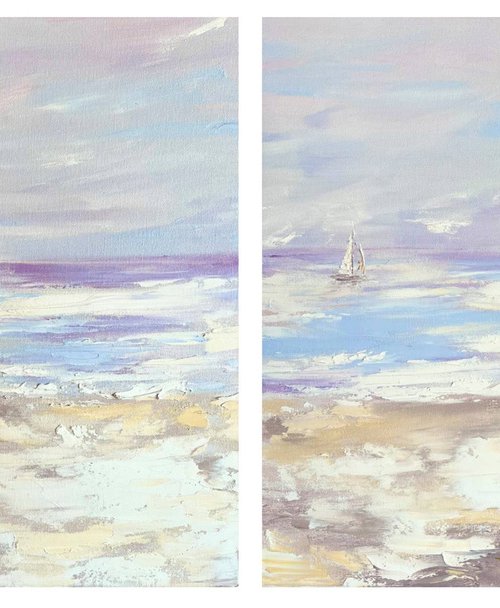 MARINE HISTORY - Bright diptych. Ocean. Sailboat. Bay. Coast. Sand. Clouds. by Marina Skromova