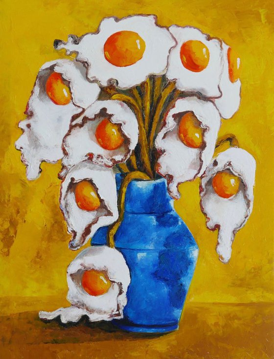 Egg flowers in blue vase