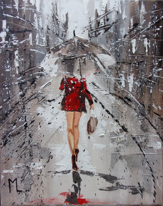 " RAINY SUMMER " original painting CITY palette knife SPRING RAIN