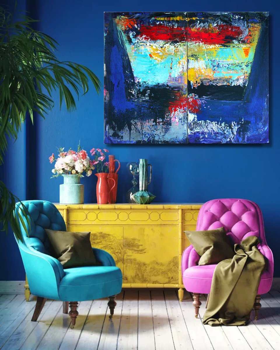 Abstract Acrylic Painting By Veljko Martinovic, 59 X 47", X-Large Diptych "My Ship", Original Artwork