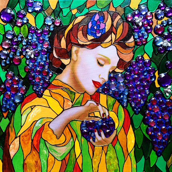 Woman and grape - original portrait photo collage with crystals
