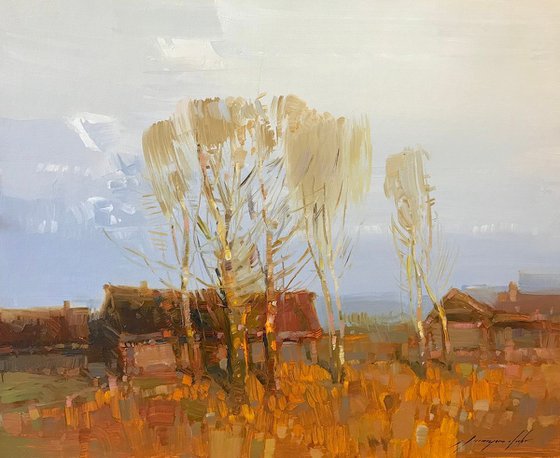 Village-Fall, Handmade oil painting One of a kind