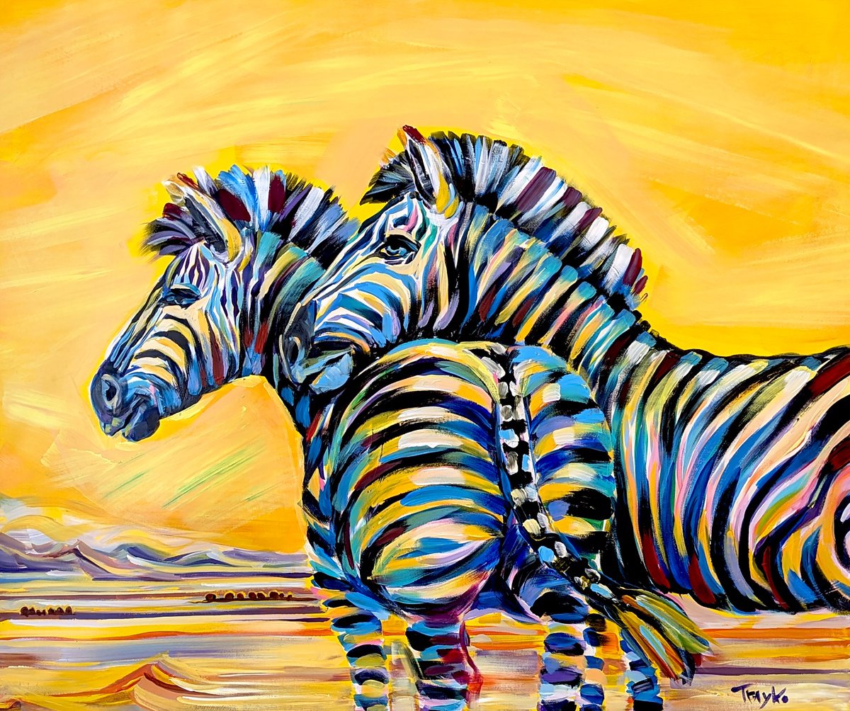 Abstract Animal Acrylic Painting By Trayko Popov, 39 X 33", Zebras Africa, Original Artwork