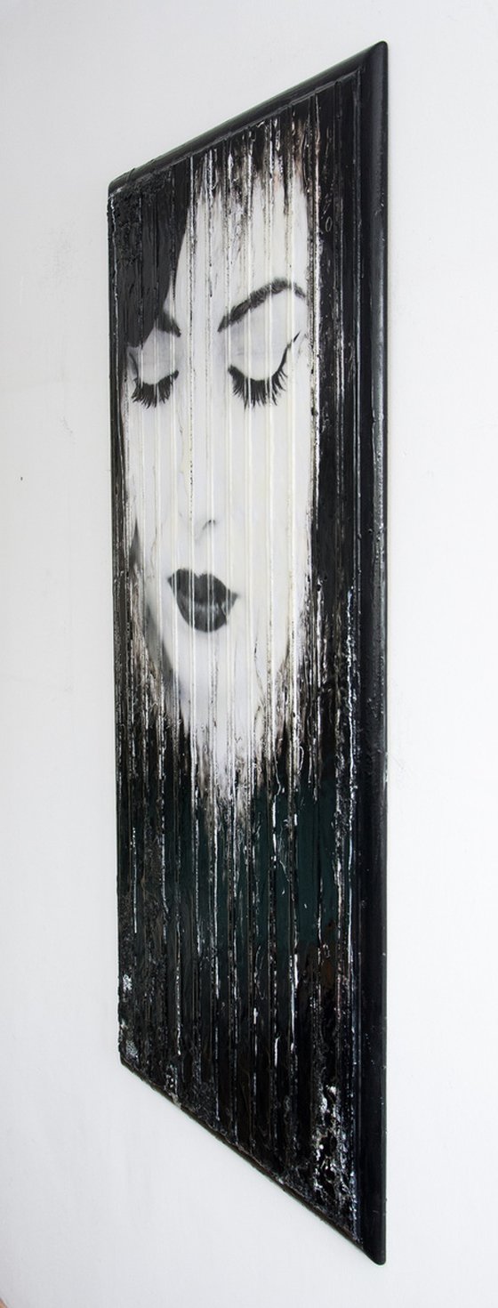 "Nikki IV Revisited" (XXL artwork 134x70x3 cm) - Unique portrait artwork on old tabletop (abstract, portrait, original, resin, beeswax, painting)