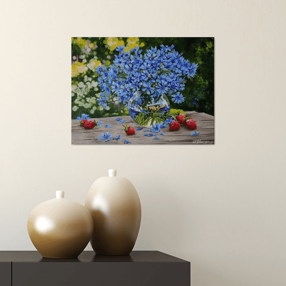 Sunlit Blue Cornflowers with Strawberries