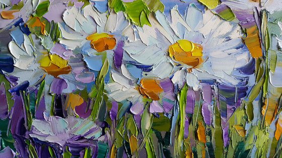 Daisies painting, Chamomiles flowers white daisies blooming original impasto oil canvas artwork