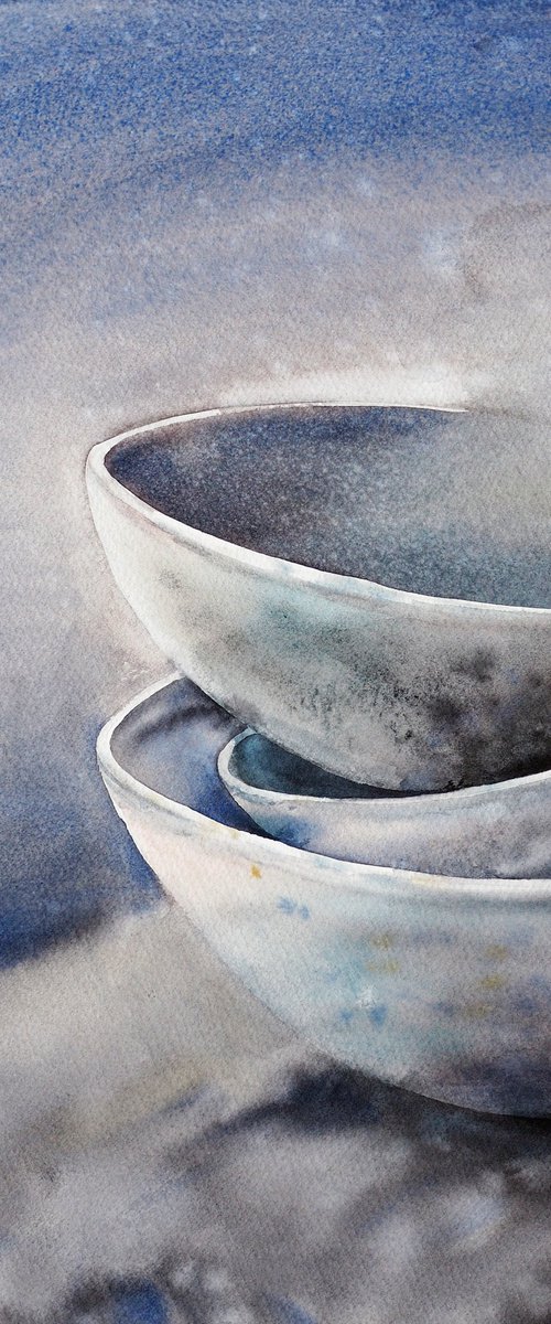 Bowls - original watercolor blue and gray color by Delnara El