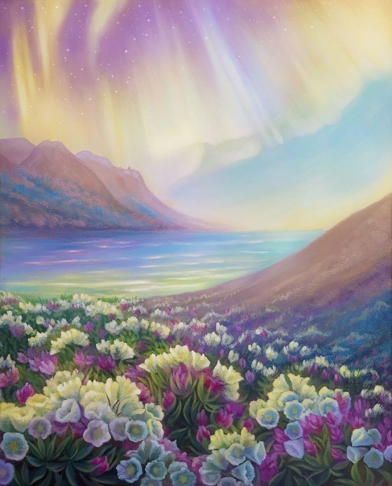"Serenity", landscape flowers art, aurora lights painting