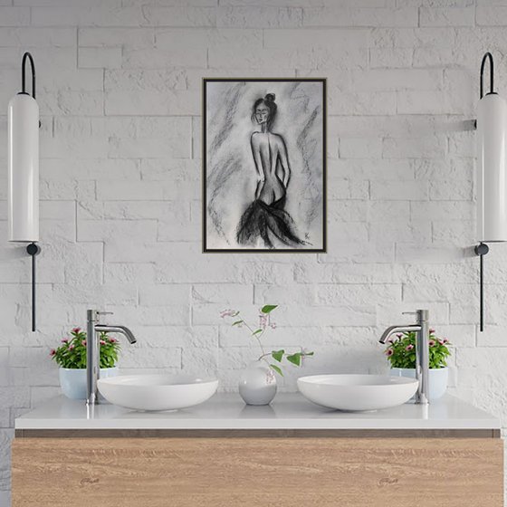 Female Nude Painting Figurative Original Art Woman Standing Nude Drawing Back View Bedroom Bathroom Charcoal Wall Art 12 by 17 inches