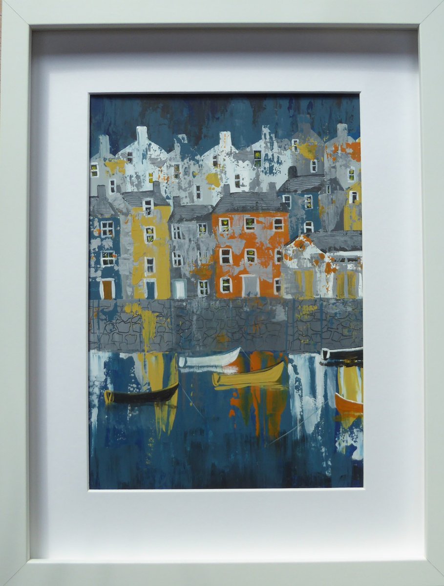 Impressionistic Landscape Acrylic Painting By Elaine Allender, 13 X 17, Harbour Evening Reflections, Original Artwork