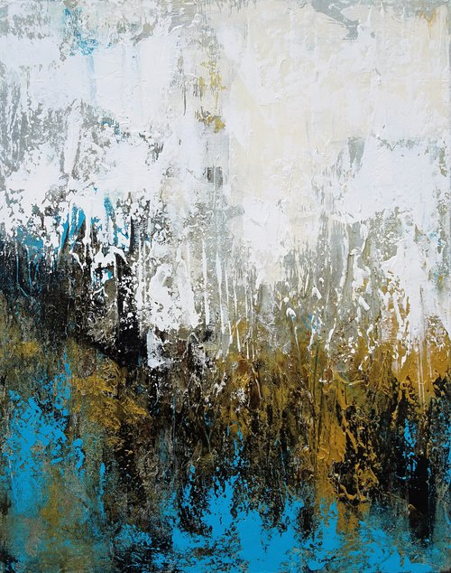 FREE FLOW. Teal, Blue, Gold, Beige Contemporary Abstract Painting with Texture by Sveta Osborne