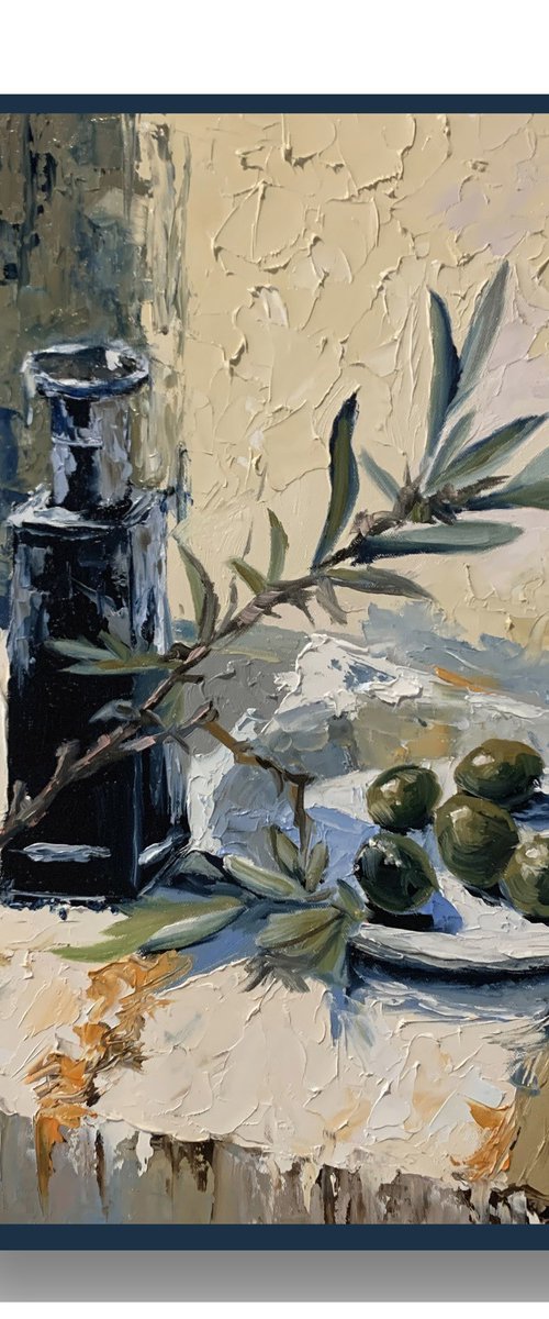 Olive Branch and Olive Oil Bottle. by Vita Schagen