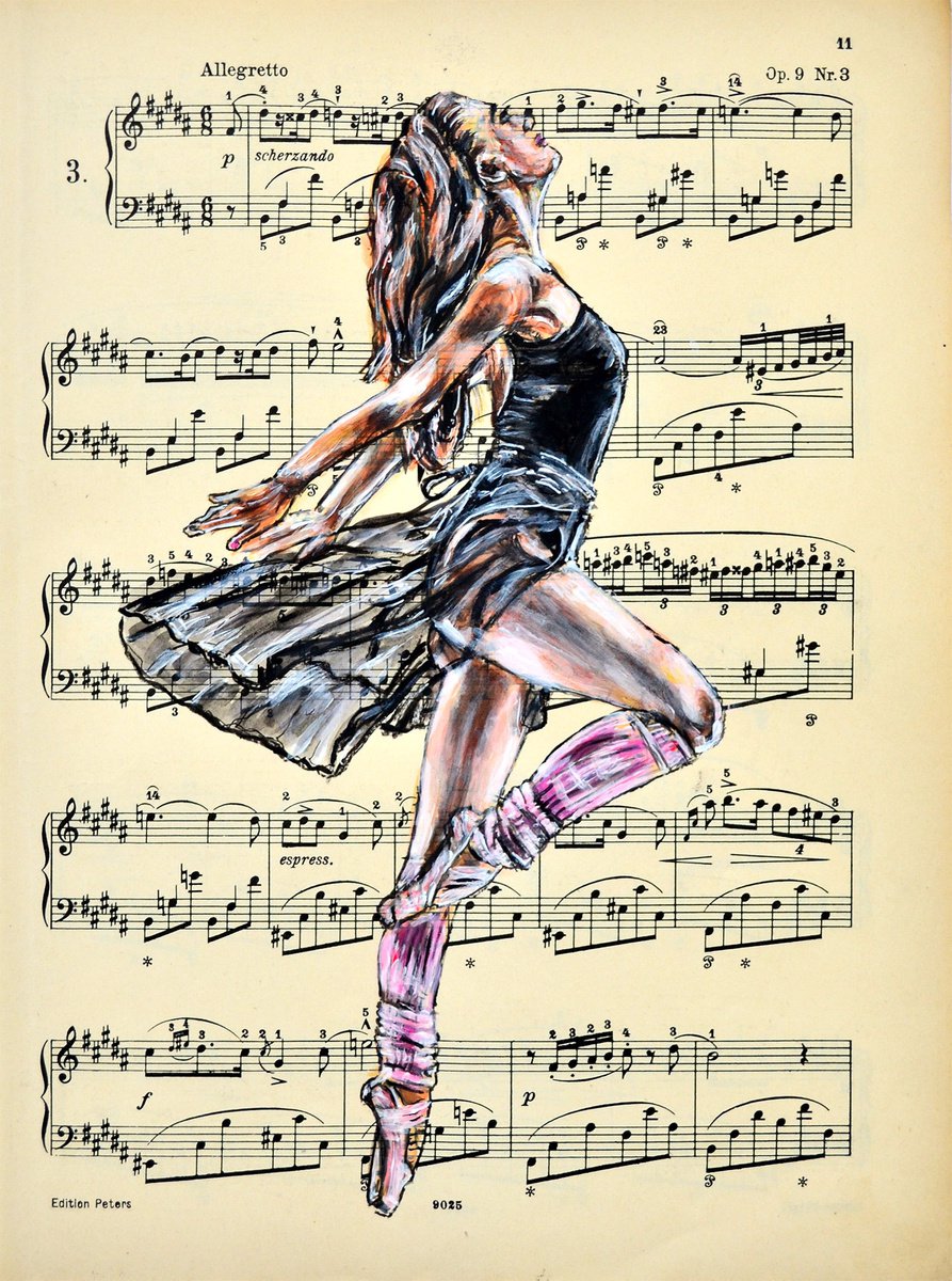 Expressive Portrait Collage By Misty Lady - M. Nierobisz, 8 X 12", Ballerina Xlv- Music Page, Original Artwork