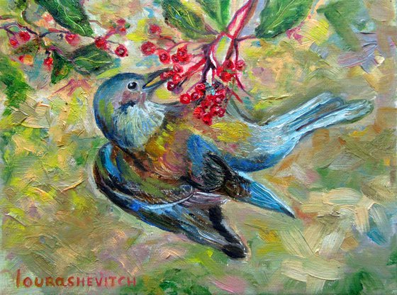 Fairy Bird Painting 6x8in Oil,Tiny Animal Wildlife,Shelf Table Nursery Decor,Small Pocket Bird,Blue Yellow Custom Miniature,Love Art Gift