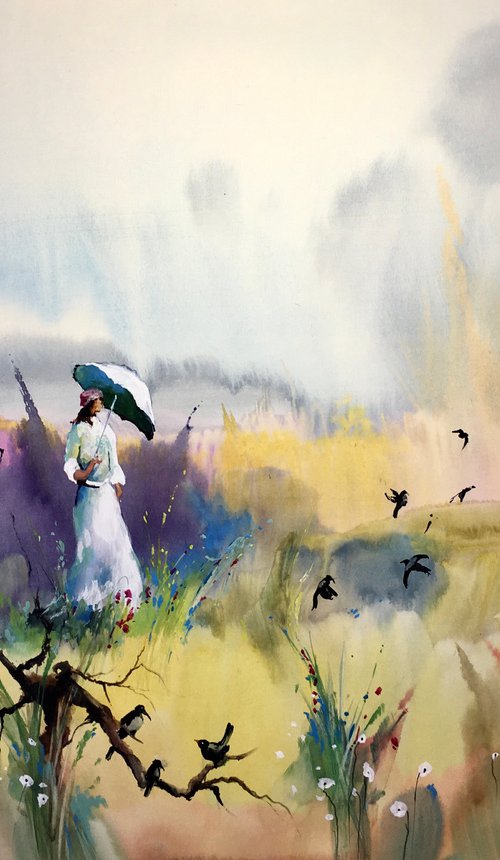 Sold Watercolor "Walking through Heaven” gift for her by Iulia Carchelan
