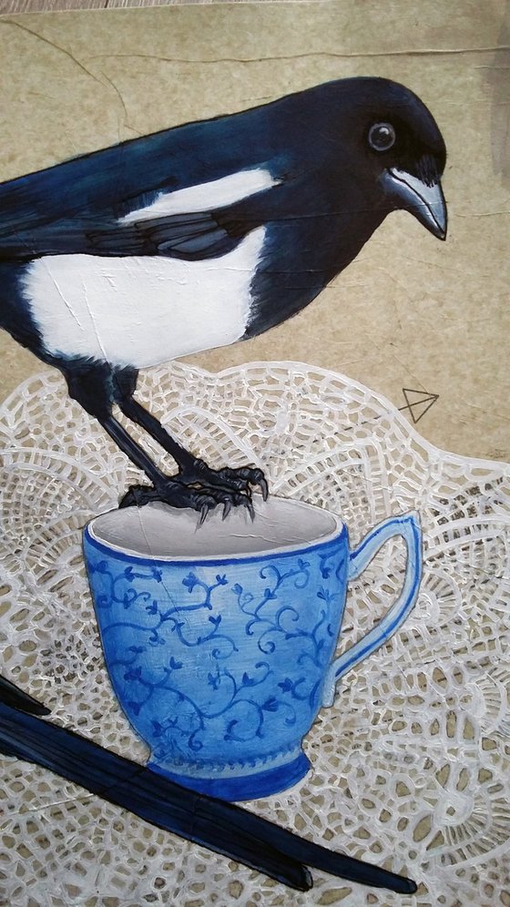 Garden party  ( magpies, tea and biscuits mixed media painting )