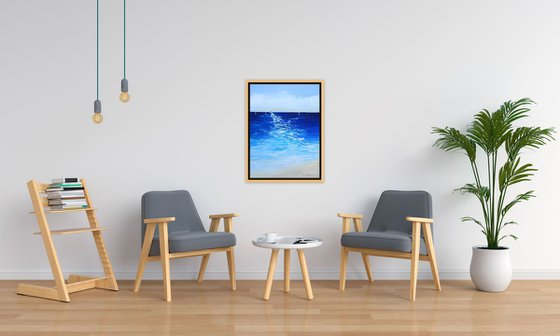 Sailing Boats Seascape Painting. Beach, Ocean, Sea Waves, Sky with Clouds. Coastal Decor Art.