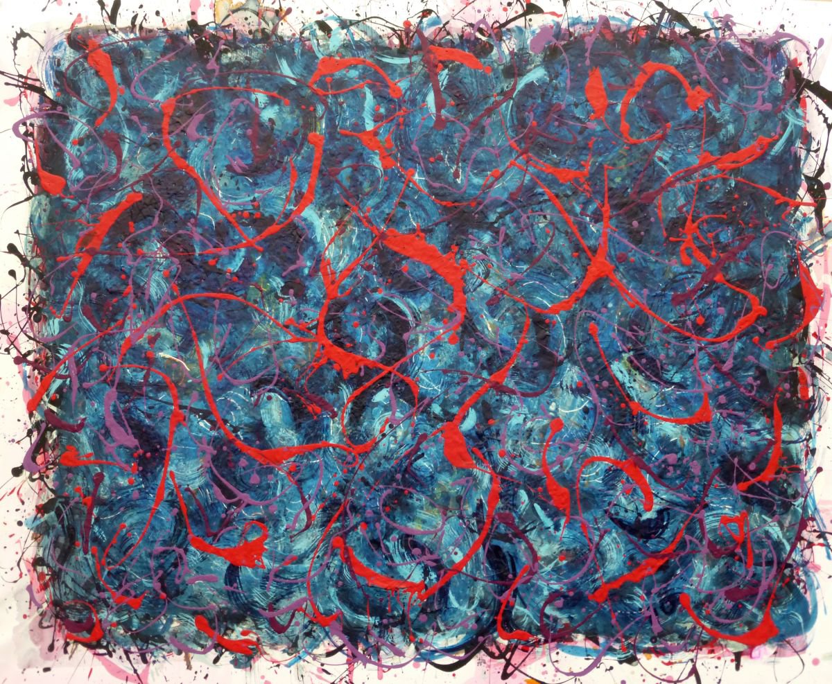 Organic Abstract Acrylic Painting By John Sharp, 46 X 35, Red Waves, Original Artwork