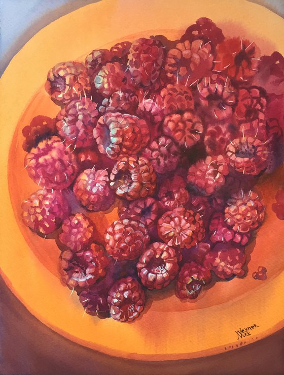 Still life with juicy raspberries. Painting with berries.