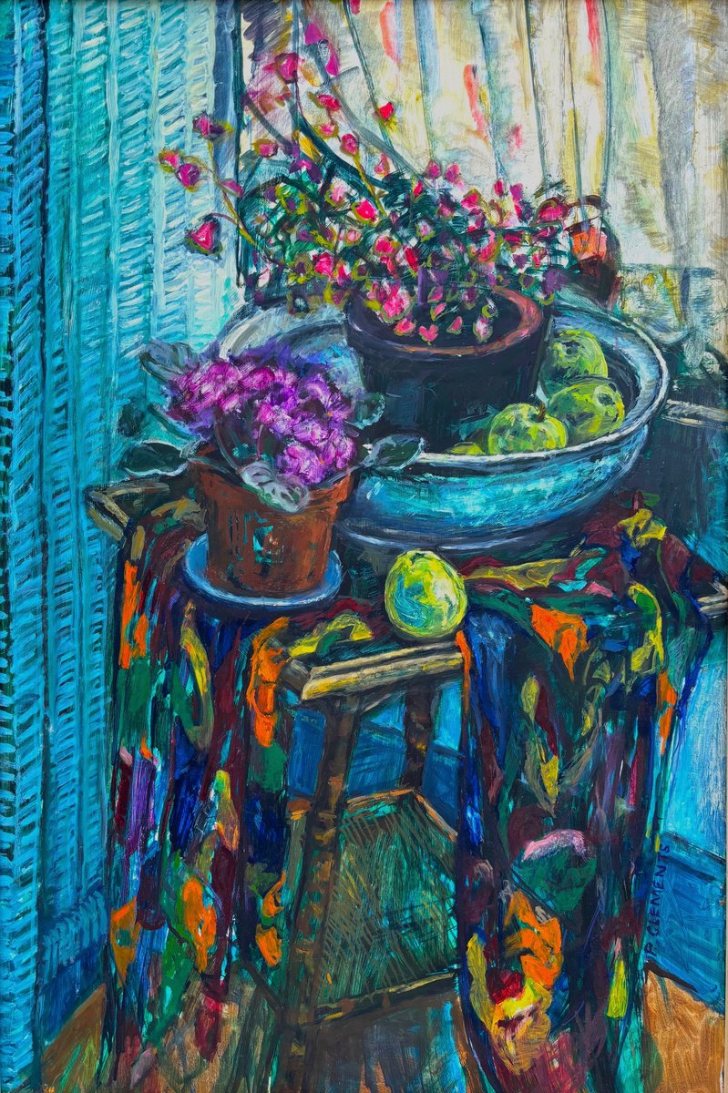 Impressionistic Still Life Oil Painting By Patricia Clements, 29 X 40", Apples And A Victorian Bowl, Original Artwork