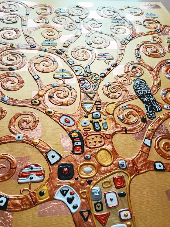 Tree of life Gustav Klimt. Relief golden bronze 3 pieces horizontal large painting