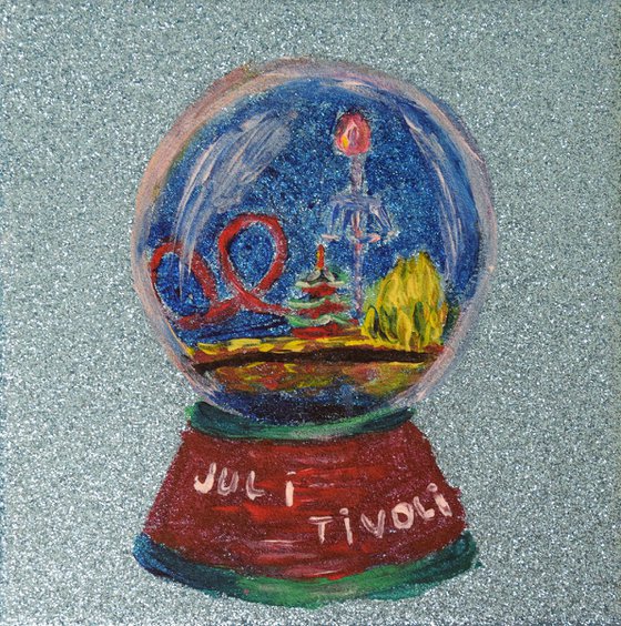 Christmas snow globe original acrylic painting, Copenhagen ball, amusement park