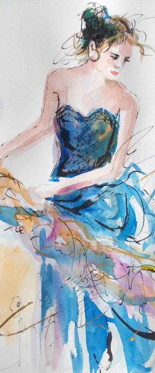 Blue Dress  ΙΙ-Figurative Watercolor on paper by Antigoni Tziora